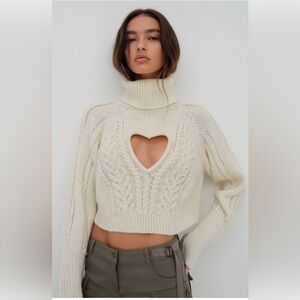 For Love And Lemons Cream Heart Cutout Turtleneck Sweater
